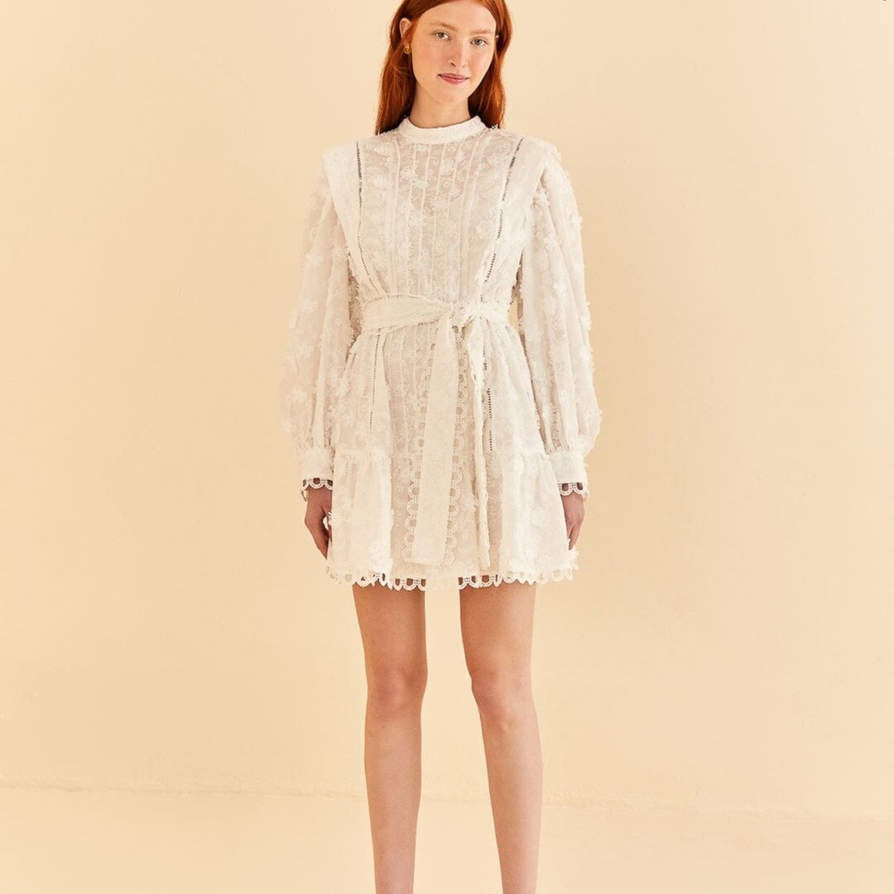 🍓 FARM Rio for Anthropologie White Lace Embroidered Long-Sleeve Mini Dress Large